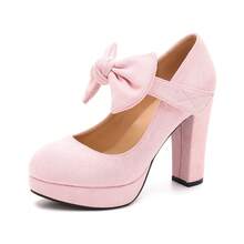 Women's Bow Heel Pumps Platform Chunky High Heeled Wedding Dress Shoes - Da lộn màu hồng - Xem 2