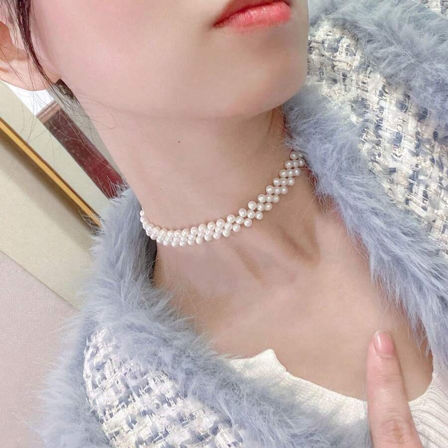 1pc New Faux Pearl Braided Necklace, French Style Choker Necklace, Collared Necklace, Delicate Minimalist Necklace, High-End Elegant Necklace