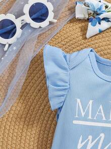 女婴橙色条纹字母印花短袖连体衣和花朵印花蝴蝶结裙，全新可爱春季系列 - 藍色 - 查看 3