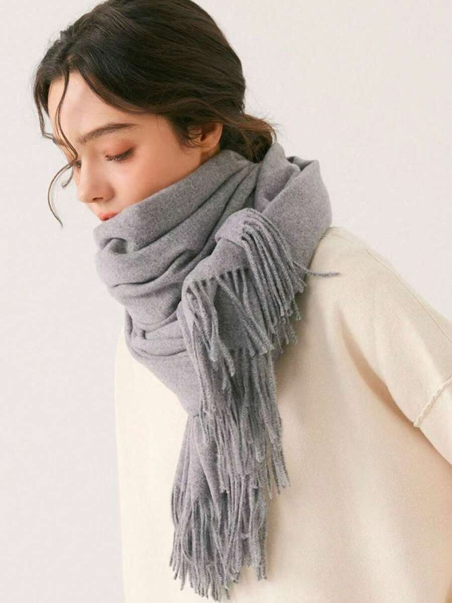 230g Plain Polyester Pashmina Scarf With Fringes Gifts Hot - Màu Xám nhạt - Xem 1