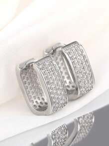 1 Pair Square Minimalist Luxury Copper Micro-Inlaid Zirconia Hoop Earrings, Versatile Design