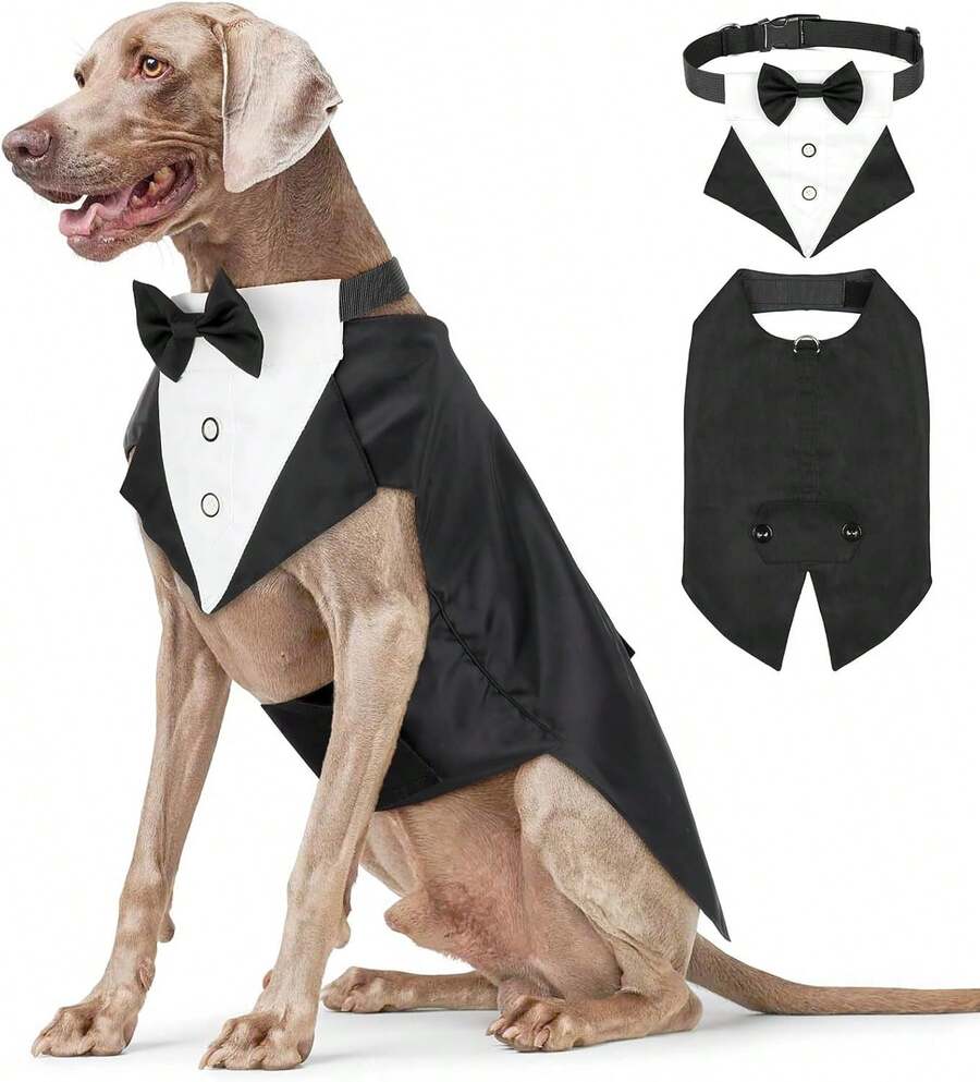 Dog Tuxedo Suit And Bandana Set – Formal Dog Wedding Attire With Bow Tie, Elegant Prince Costume Fits Large Dogs Like Golden Retrievers, Samoyeds, And Bulldogs - Black - View 1