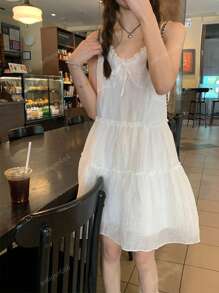Petite White Lace Trim Spaghetti Strap A-Line Peplum Mini Dress For Women, Summer