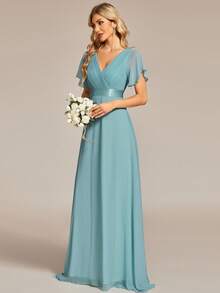 EVERPRETTY Váy phù dâu tay cánh bướm xếp nếp cổ chữ V thanh lịch - Màu xanh Cadet - Xem 4