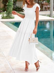 Women's Summer Dresses Pleated Short Sleeve Fluttering Layered Dresses - 白色 - 查看 1