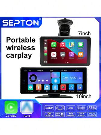  1 件 10 英寸或 7 英寸 SEPTON 多媒体视频播放器 Android Auto 通用便携式无线 Carplay 高清触摸屏 FM/BT Wifi GPS 车载收音机 1080P 10 英寸 7 英寸 2Din