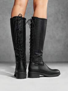 Women's Knee-High Boots, Comfortable Chunky Block Heel Pointed Toe Pull On Side Zipper Suede Slouch Riding Boots - Black/PU - View 4