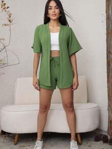 2-Piece Plain Set (Kimono+Shorts) J-2 - Mint Green - View 2