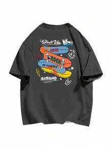 女士休闲宽松圆领滑板印花短袖棉质 T 恤，春夏 - 深灰色 - 查看 4