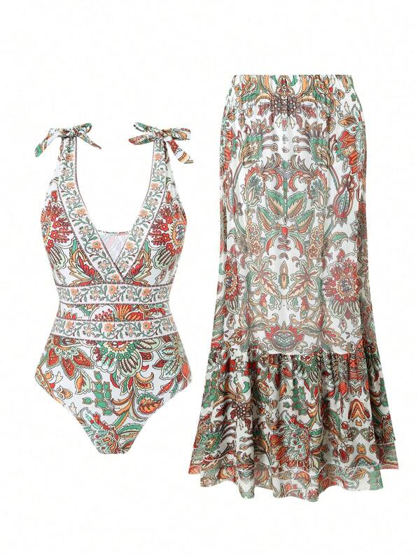 Fashion Sexy One-Piece Ruched Swimsuit With Cover-Up Skirt, Push-Up, Conservative Yet Revealing, Suitable For Summer, Beach, Vacation, European & American Imported Beach Dress