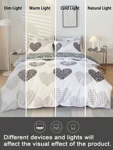 Juego de ropa de cama de 3 piezas con estampado de corazones (1 funda nórdica y 2 fundas de almohada), suave y agradable para la piel, apto para todas las estaciones, ideal para el hogar, bodas y otras ocasiones. - Multicolor - Ver 8