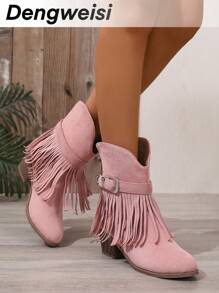 女士舒适百搭一脚蹬低帮踝靴，粉色条纹，流苏，粗跟，圆头，适合通勤、日常和度假，四季皆宜