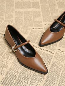 2025 春季新款尖头平底鞋，优雅简约时尚百搭女士低跟粗跟中跟棕色平底鞋 - 棕色 - 查看 8