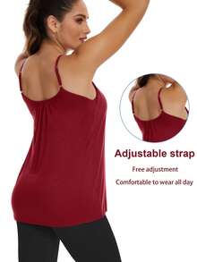 Women's Camisole With Built In Bra Tank Top Flowy Swing Pleated Tank Top Cami With Adjustable Spaghetti Strap Shelf Bra Loose Vest