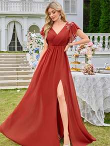 Chiffon Sequin Floral Minimalist Sexy V-Neck Bodycon Party Wedding Dress,Bridesmaid Dress