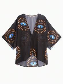 Plus Size Eye Print Kimono Cover Up, Spring Summer Casual Holiday Kimono Black
