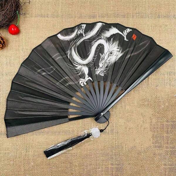 1pc Retro Style Black Fabric Double-Sided Folding Fan With Chinese Dragon Ink Painting Design Summer Cooling,Beach,Travel