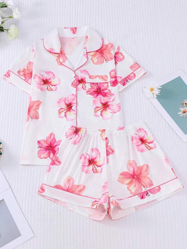 2pcs Hawaiian Floral Print Women Pajama Set, Collared Short Sleeve Comfy Top And Elastic Waist Shorts, Fashionable Sleepwear For Holiday Party, Casual Home Wear