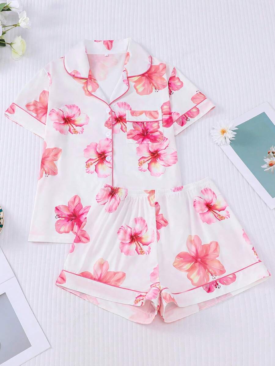 Conjunto de pijama de 2 piezas con estampado floral hawaiano para mujer, blusa de manga corta con cuello y pantalones cortos de cintura elástica, ropa de dormir de moda para fiestas de vacaciones y uso casual en casa