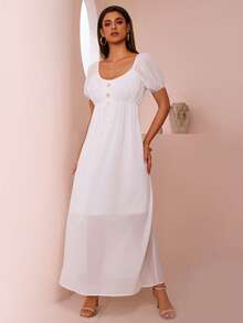 Women's Solid Color Short Sleeve Dress With High Waist, Summer - Apricot - View 4