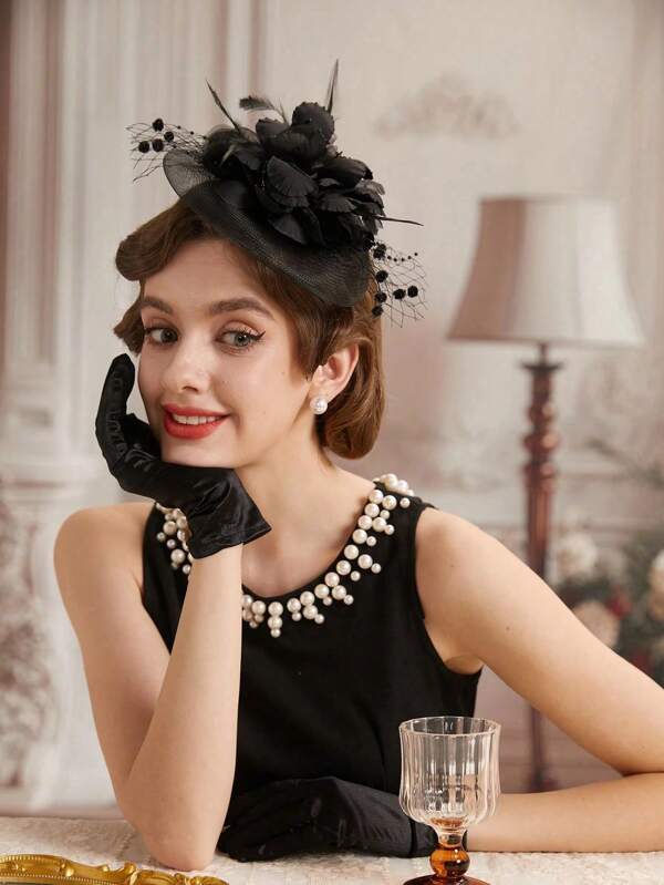 1 قطعة إكسسوار رأس للنساء لحفلات الشاي والسباقات وحفلات الزفاف ، إكليل مزين بالزهور والشبكة للشعر