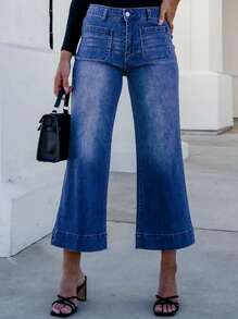 Jeans anchos y sueltos para mujer con bolsillos, pantalones vaqueros de pierna recta con alto estiramiento y longitud hasta el tobillo