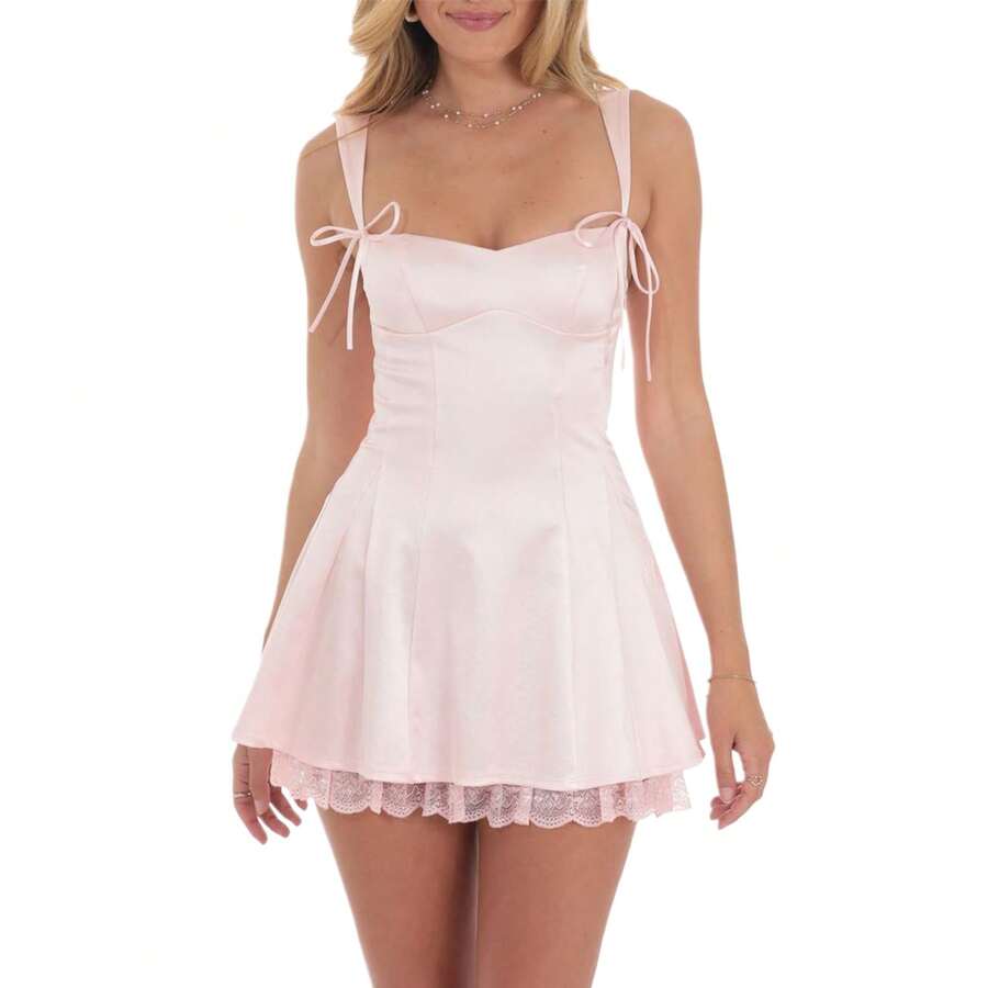 Women Sleeveless Mini Dress Casual Summer Cute Bow Lace Patchwork A-Line Party Dress For Beach Club Streetwear