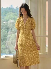 Simple Retro Puff - Sleeved Woven Dress With Small Daisy Print And Turn - Down Collar For Spring And Summer - Yellow - View 1