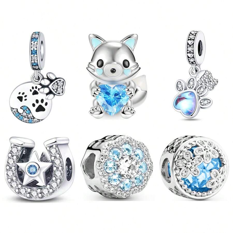 1pc Silver Series Blue Tie Exquisite Pendant Beaded, Squirrel, Puppy Scratch Mark Suitable For Diy Jewelry Making Bracelet Necklaces, As Gifts, Parties