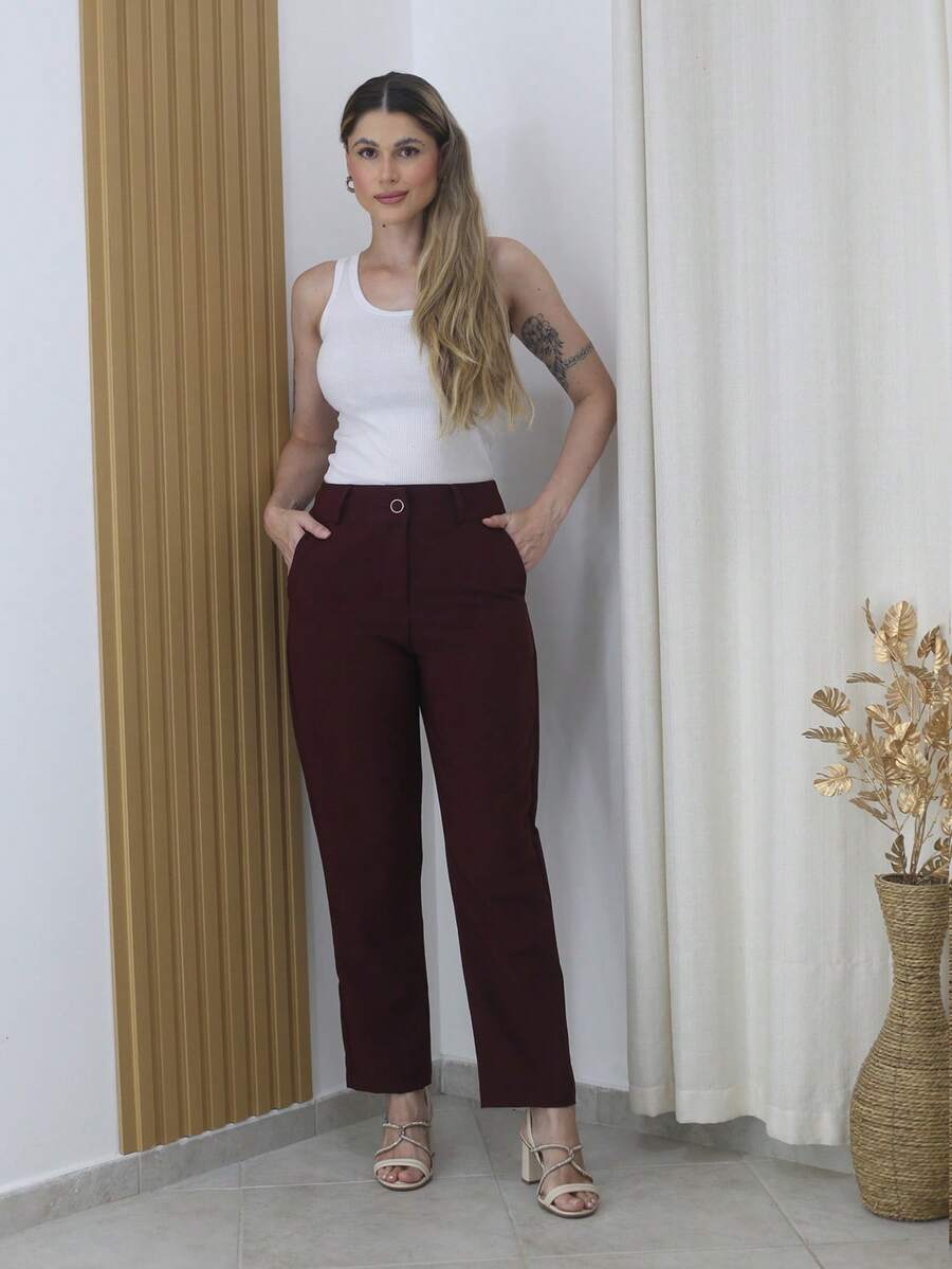 Women's Refreshing Plain Tailored Trousers With Button - Maxma 6631 - Coffee Brown - View 1