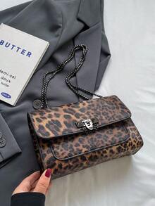 Túi xách họa tiết da báo thời trang cổ điển, khóa cứng, mở nắp, dây xích đôi bằng kim loại, túi đeo chéo đa năng và thanh lịch, phù hợp cho cuộc sống hàng ngày, giải trí, đi làm, đi học của các cô gái - Cà phê nâu - Xem 2