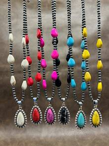 1 Set Fashionable Vintage Western Style Faux Pearl CCB Beaded 3 Layer Necklace, Pink/Black/Red/Blue/White/Yellow Waterdrop Pendant Chain For Women, Suitable For Daily Outfit, Party, Jewelry, Gift For Family/Friends/Yourself - Country Western Style - View 4