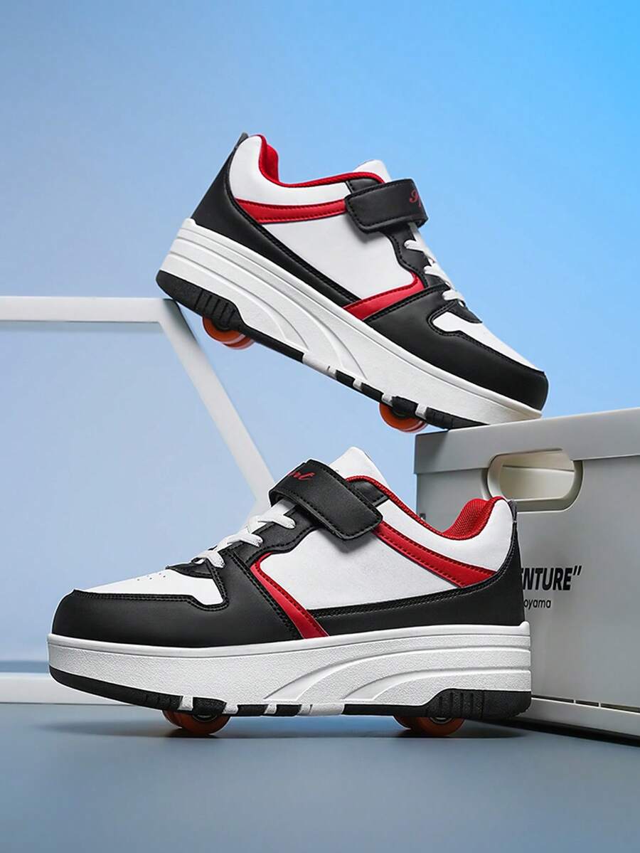 Zapatos de patines de ruedas para volver al colegio para adolescentes, zapatillas deportivas casuales convertibles con doble rueda y cierre de gancho y bucle para niños y niñas - Blanco y Negro - Ver 1