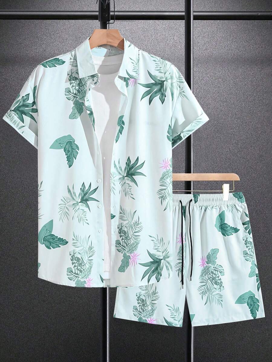 Men's Hawaiian Outfits,Casual Tropical Floral Print Button Up Short Sleeve Shirts And Drawstring Shorts Sets,Men Two Pieces Versatile,Suitable For Vacation Wear, Summer Going Out,Perfect To Attend Parties, Weddings, Honeymoon Scenes. Can Be Given As A Gift To Sons, Husbands, Boyfriends, Fathers - Multicolor - View 1