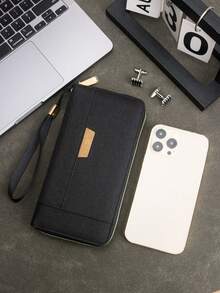 HOVI'S New Minimalist RFID Blocking Zipper Long Wallet, Business Large Capacity Multi-Function Phone Wallet - Black - View 4