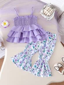2 件套 全新夏季新生儿女孩吊带蛋糕裙 配套喇叭裤套装 - 紫色 - 查看 1