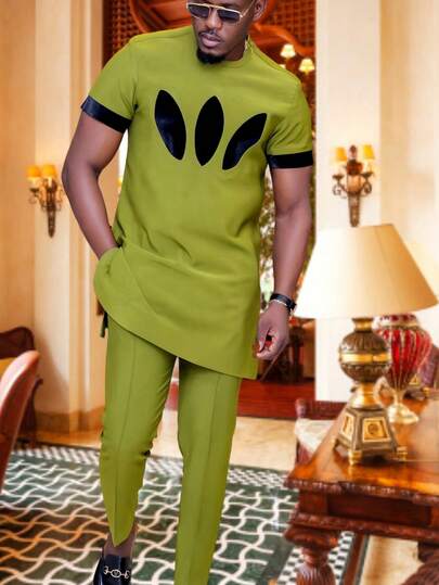 2pcs/Set, New Spring & Summer Men's Dashiki, Green Short-Sleeve Top, Contrast Color, Round Neck, Elastic Waist Pants, African Style Casual Short Sleeve & Long Pants 2 Pieces Set, Street Style, Party, Wedding, Daily Wear, Cultural Events, Traditional Ceremonies