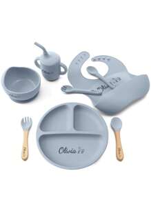 Juego de 8 piezas de vajilla de bebé de silicona con diseño personalizado, incluye plato con ventosa, tazón, taza, babero, cucharas y tenedores blandos, multiusos, ornamentales, con letras, de colores lisos, exquisitos, coloridos, adorables, casuales, personalizados, regalos ideales para bebés, hijo o hija