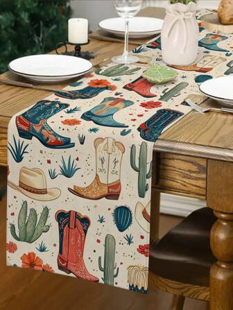1 Pc Mexican Cowboy Cactus Print Table Runner, Western Style, Linen-Like Material, Available In 33*91cm / 33*183cm / 33*274cm, Cowboy Ranch Home Decor, Indoor/Outdoor Party Supplies, Cowboy Theme Decoration, Room Decor. Suitable For Home Kitchen Decor And Event Party Decoration