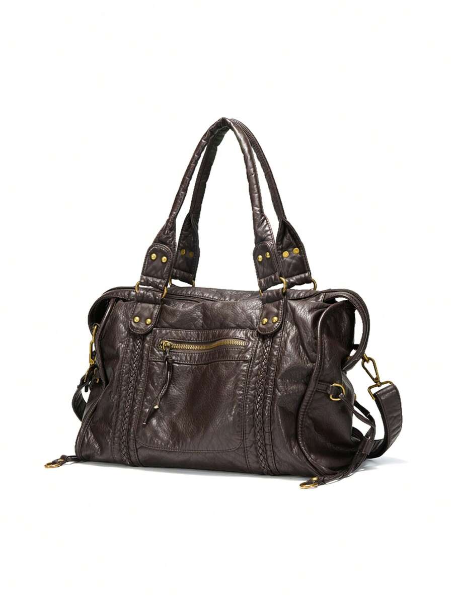 Túi đeo chéo vai Retro Casual Cool Street Phong cách Unisex Mềm mại chải sạch Da PU thuần chay Khóa kéo Túi có khóa kéo Trang trí bện Sức chứa lớn Phù hợp với máy tính xách tay 13 inch Túi đeo chéo có dây đeo dài có thể điều chỉnh dành cho nữ Hàng ngày Đi học Đi làm Du lịch Đa năng - Cà phê nâu - Xem 1