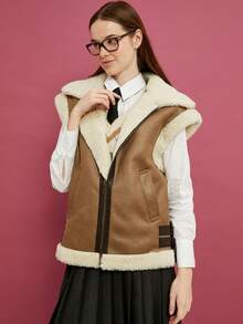 女士博格领麂皮背心仿羊毛抓绒马甲无袖夹克冬季机车夹克保暖外套上衣