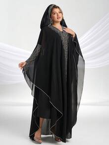 YISIKADO Plus Size Women Modest Festival Dress Arabic Style Rhinestone Chiffon V-Neck 2 Pieces Set Prom Party Loose Long Dress Turkish Style Hooded Long Sleeve Dress Kaftan Arabian Dress, Formal, Gown, For Evening, Wedding Guest - Black - View 2