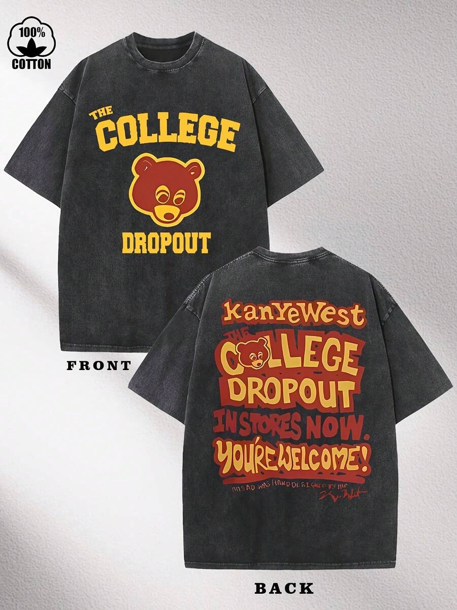 The College Dropout Bear & "KanyeWest THE COLLEGE DROPOUT IN STORES NOW" Graphic Printed Casual Style Men's Casual Wear 230g Washed Cotton Round Neck Short Sleeve Comfortable & Breathable Double - Sided Printed Tee For Summer High - Quality Design - Black - View 1