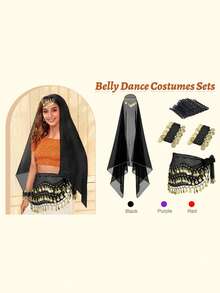 4pcs Belly Dance Costume Set, Including Chiffon Hip Scarf, Headscarf With Coins, And 2pcs Coin Bracelets, Halloween Theme - Multicolor - View 10