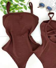 Women's Bodysuit With Braided Straps, Seersucker, Fashion Blogger - 鏽棕色 - 查看 2