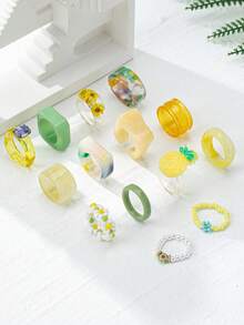 14pcs/Set Brown & Green Asymmetrical Resin Rings Multi-Element Women Daily Wear Ring Set - Yellow - View 4