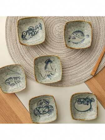 1ชิ้น/6ชิ้น จานเครื่องปรุง จานจิ้ม จานเครื่องเทศรูปสี่เหลี่ยมการ์ตูนวินเทจ จานจิ้ม จานน้ำซีอิ๊ว จานซูชิ อุปกรณ์ครัวและร้านอาหาร