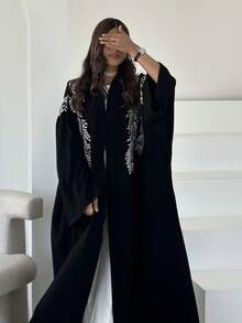 女款黑色刺繡長袍外套，Ins風復古刺繡長款長袍 - 黑色 - 查看 3