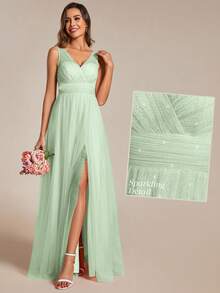 Elegant Deep V-Neck Split Back Bridesmaid Dress For Wedding - Mint Green - View 5