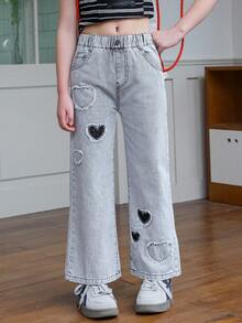 Girls' Wide Leg Jeans, Children's Washed Blue Heart Patch Casual Loose Fit Denim Pants, Relaxed Waist Jeans, Fashion Streetwear For Girls - Light Grey - View 2